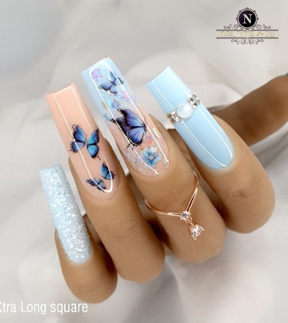 long blue square nails
